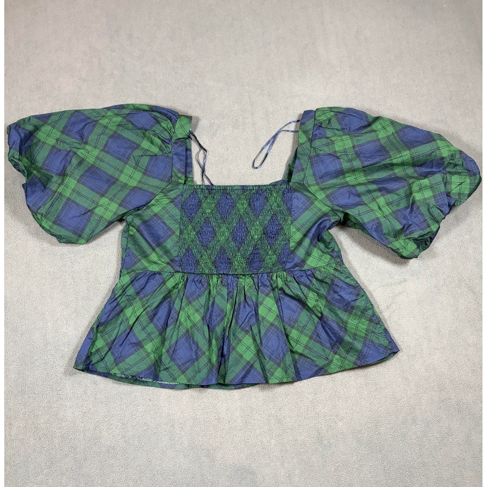 Old Navy Peplum Top Women M Green Blue Plaid Puff Sleeve Smocked Back Cotton New - Picture 2 of 6
